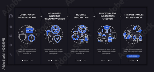 Immigrants rights onboarding vector template. Responsive mobile website with icons. Web page walkthrough 5 step screens. Legal foreign workers dark mode concept with linear illustrations