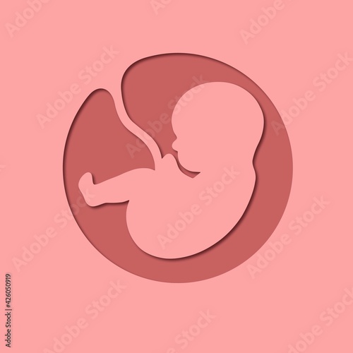 Paper cut style. Human embryo with the umbilical cord. Baby in the womb. Stylish logo for a prenatal or reproductive clinic, pregnancy brochure, surrogacy agency. 