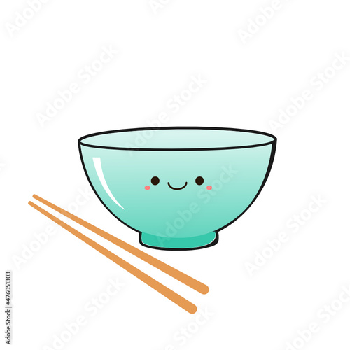 Rice bowl with chopsticks cartoon on white background vector.