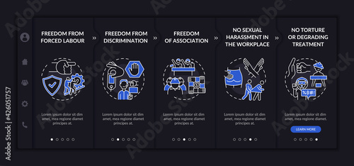 Migrant workers freedoms awareness onboarding vector template. Responsive mobile website with icons. Web page walkthrough 5 step screens. Migrants dark mode concept with linear illustrations
