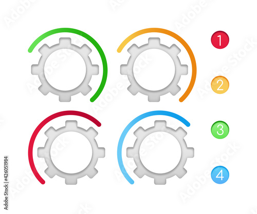 Gears with color line vector infographic elements set. Tutorial presentation template design. Data visualization with 4 steps. Process timeline chart collection. Icons pack for info workflow layout