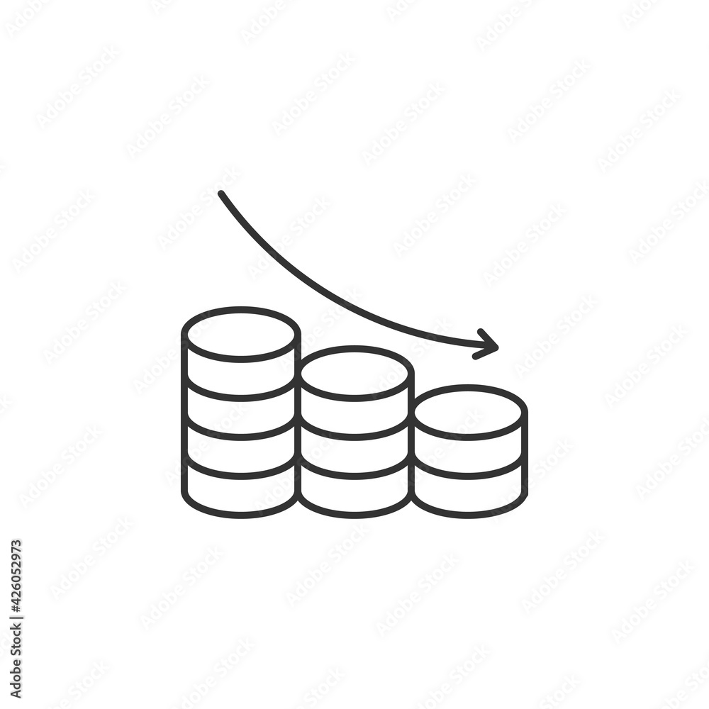 Coins Stack with Arrow Down Related Vector Line Icon. Sign Isolated on the White Background. Editable Stroke EPS file. Vector illustration. Coins Stack with Arrow Down Related Vector Line Icon. Sign Isolated on the White Background. Editable Stroke EPS file. Vector illustration.