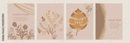 Abstract trendy universal artistic background templates with boho bohemian botanical tropical leaf line art. Good for cover, invitation, banner, placard, brochure, poster, card, flyer and other.