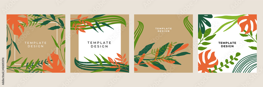 Universal greeting cards with floral. Trendy square. Wedding Invitation, floral invite thank you, rsvp modern card design in colourful leaf greenery branches decorative Vector elegant rustic template