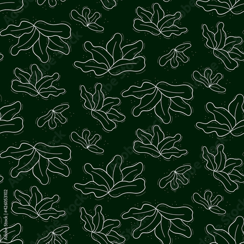 Seamless repeating pattern of tropical plant-like shrub with wide leaves from the center.Contour white objects on a dark green.