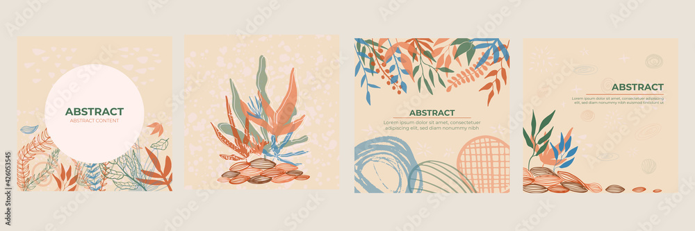 Abstract trendy universal artistic background templates with boho bohemian botanical tropical leaf line art. Good for cover, invitation, banner, placard, brochure, poster, card, flyer and other.
