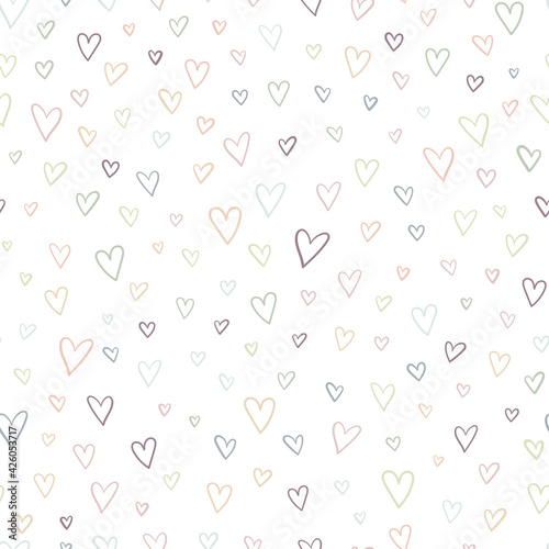 Lovely hand drawn doodle hearts seamless pattern, pastel colored hand drawn background, great for Valentine's or Mother's Day, textiles, banners, wrapping, wallpapers - vector design