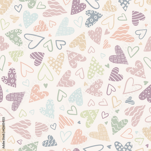 Lovely hand drawn doodle hearts seamless pattern, pastel colored hand drawn background, great for Valentine's or Mother's Day, textiles, banners, wrapping, wallpapers - vector design