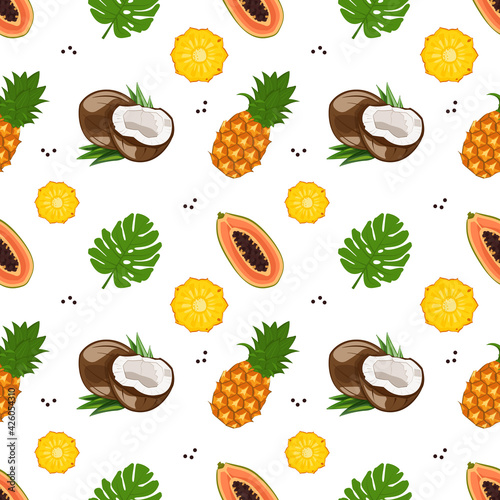 Bright seamless pattern with papaya, coconut and pineapple. Summer print for wrapping paper, textiles and design. Vector illustration with tropical fruits and palm leaves.