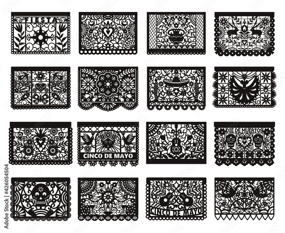 Colorful mexican perforated papel picado banner set