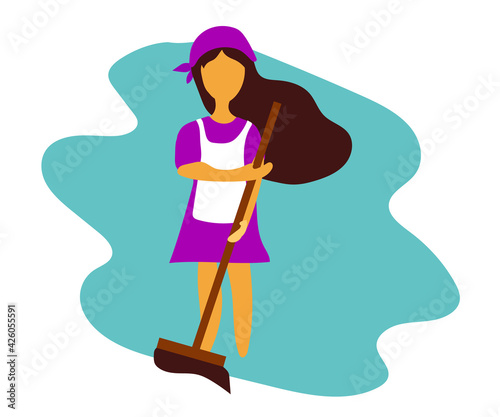 Cleaning lady with cleaning equipment. Cartoon. Vector illustration.