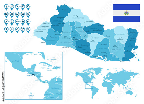 El Salvador detailed administrative blue map with country flag and location on the world map. Vector illustration