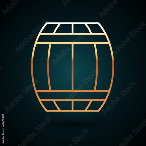 Gold line Gun powder barrel icon isolated on dark blue background. TNT dynamite wooden old barrel. Vector