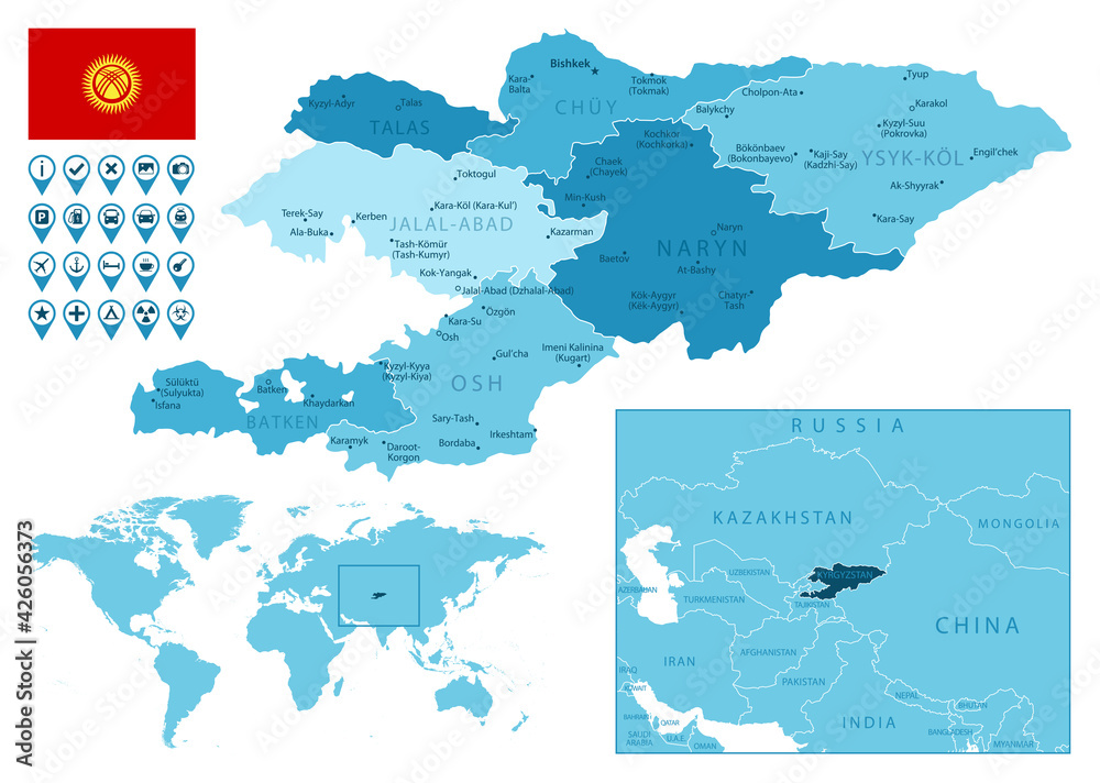 Fototapeta premium Kyrgyzstan detailed administrative blue map with country flag and location on the world map. Vector illustration