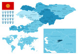 Kyrgyzstan detailed administrative blue map with country flag and location on the world map. Vector illustration
