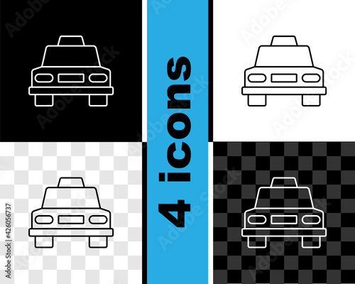 Set line Taxi car icon isolated on black and white, transparent background. Vector