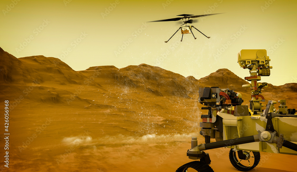 The Ingenuity drone-helicopter has separated from the Perseverance rover on Mars and prepares for its first flight. 3d render. Element of this image are furnished by NASA Stock Illustration | Adobe Stock