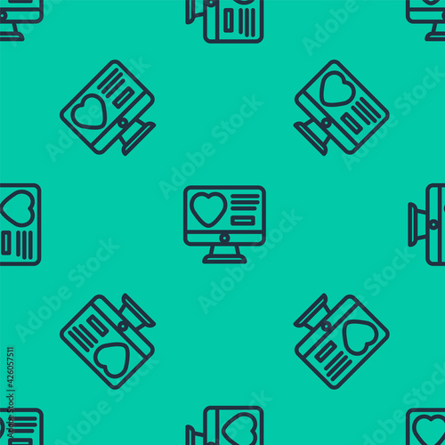 Blue line Dating app online computer concept icon isolated seamless pattern on green background. Female male profile flat design. Couple match for relationship. Vector