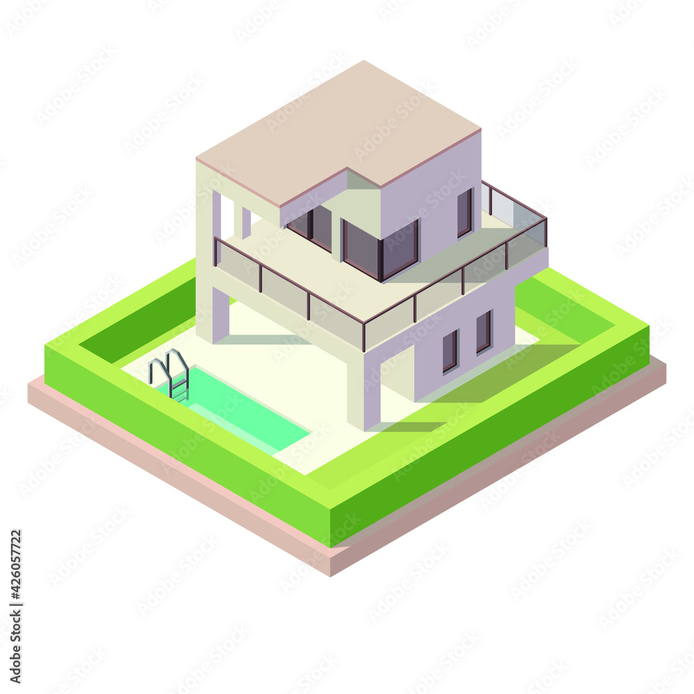 Vector isometric building. Suburban and village houses, homes. Isometric city or town map construction elements. Isolated