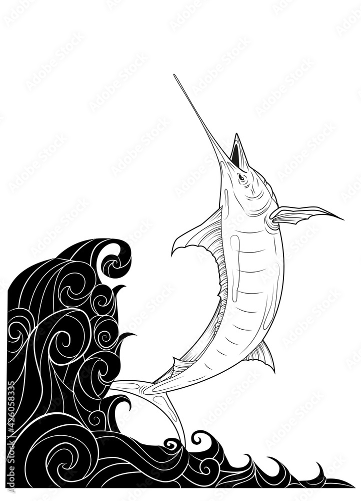 swordfish jumps out of the water. black and white illustration Stock Vector Adobe Stock