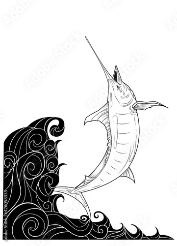 swordfish jumps out of the water. black and white illustration