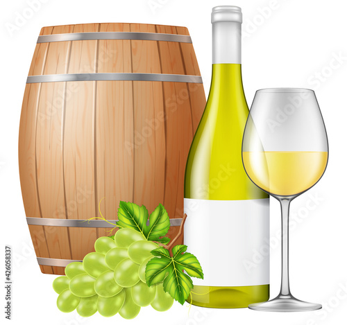 White wine bottle, glass, wooden cask and fresh grapes isolated on white background. Vector illustration.