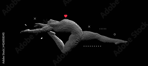 Love concept. Gymnast performing an element of rhythmic gymnastics, jumping or making a jump in the air. Voxel art. 3D vector illustration for icon health and fitness community.