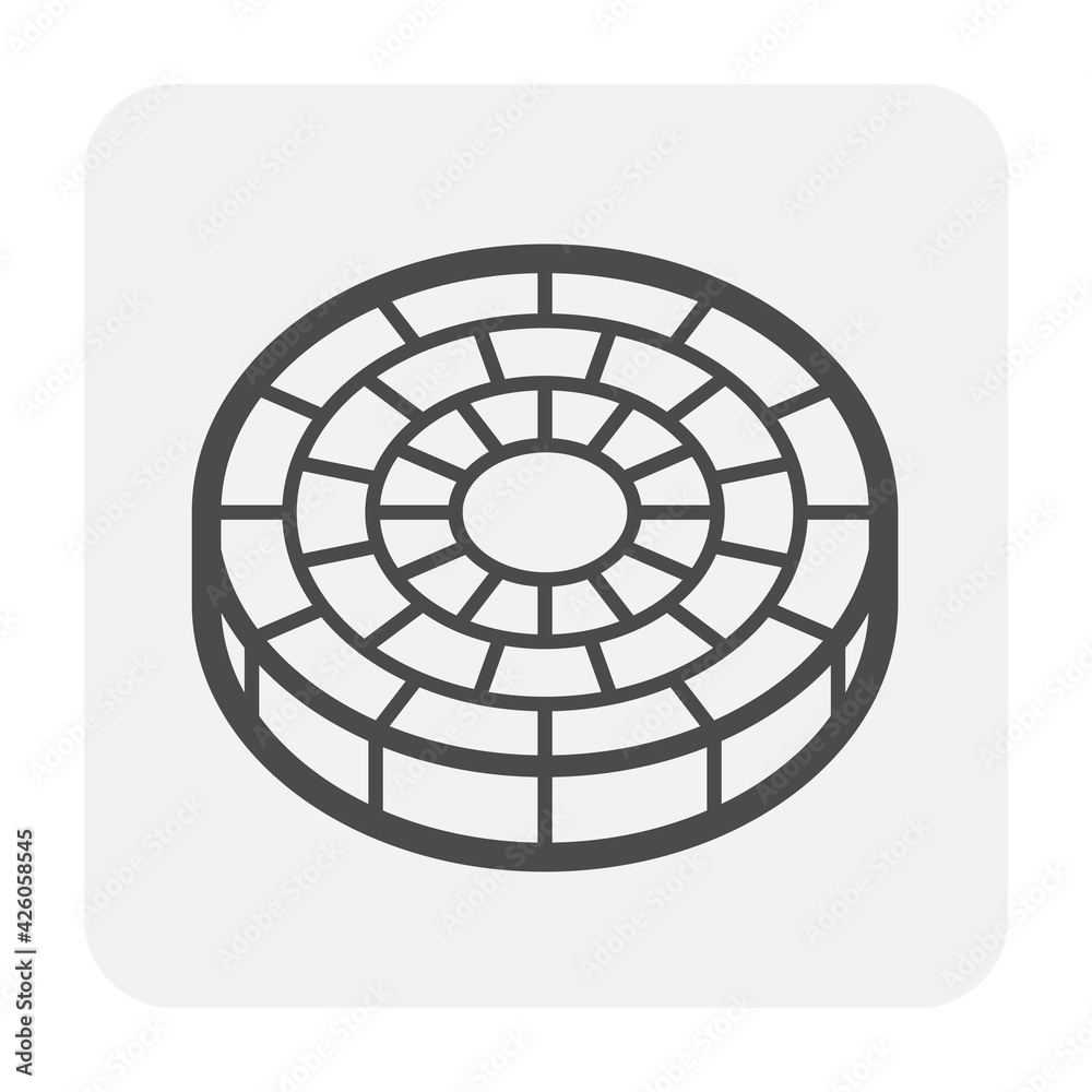 Concrete paver block pavement floor or brick vector icon. For landscape, outdoor, garden by paving on ground to create circle or round pattern. That sidewalk, road, patio, path, street or walkway. Concrete paver block pavement floor or brick vector icon. For landscape, outdoor, garden by paving on ground to create circle or round pattern. That sidewalk, road, patio, path, street or walkway.