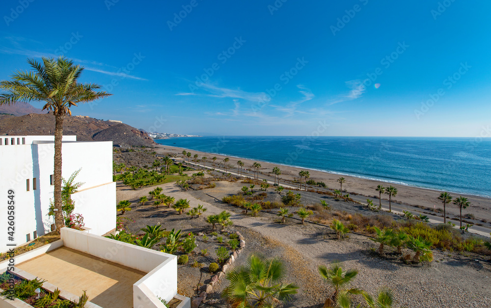 Naklejka premium High up view of Mojacar Beach, Mojacar, Almeria, Andalusia, Spain