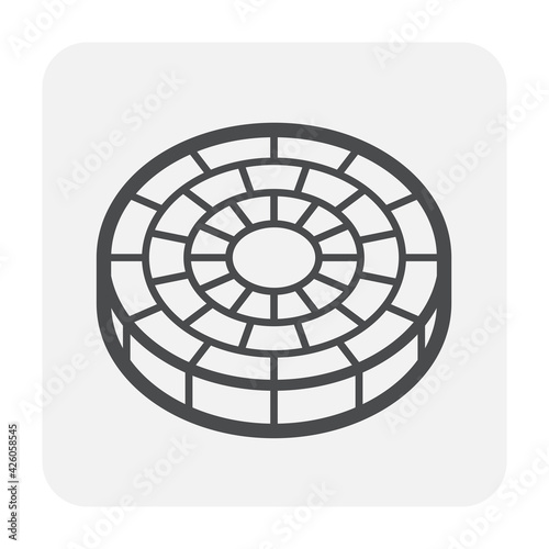 Concrete paver block pavement floor or brick vector icon. For landscape, outdoor, garden by paving on ground to create circle or round pattern. That sidewalk, road, patio, path, street or walkway.