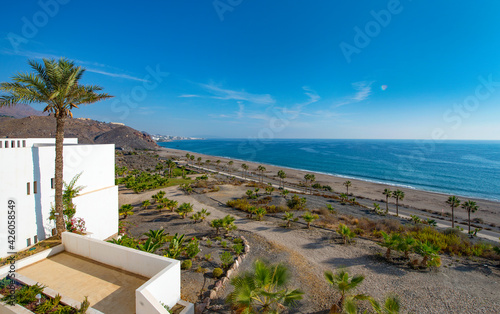 High up view of Mojacar Beach, Mojacar, Almeria, Andalusia, Spain