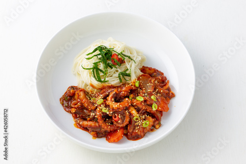 Spicy Squid Stir Fry which is called Ojingeo Bokkeum with thin white noodle