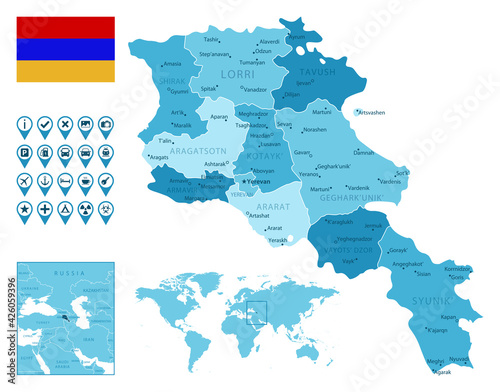 Armenia detailed administrative blue map with country flag and location on the world map. Vector illustration