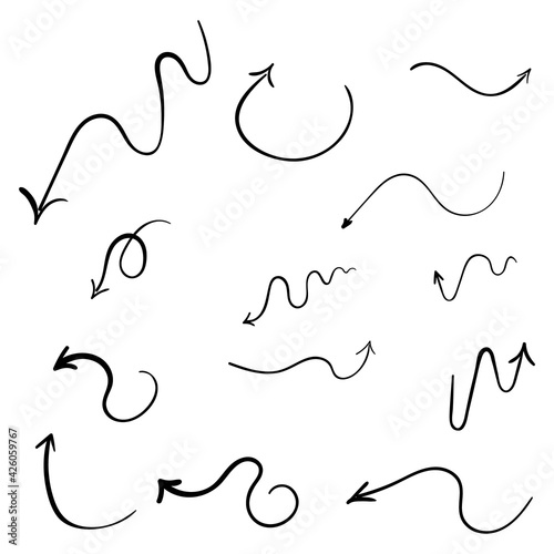 Infographic elements on isolated white background. Hand drawn simple arrows. Line art. Set of different pointers. Abstract indicators. Black and white illustration.