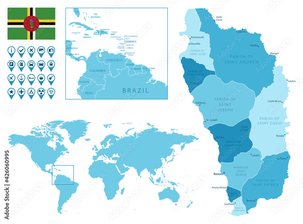 Dominica detailed administrative blue map with country flag and location on the world map. Vector illustration