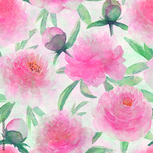 Watercolor pink peonies flowers. Beautiful peony floral seamless pattern