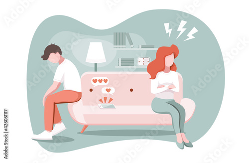 Divorce, breakup, ignore concept. Married couple argument, man and woman in a quarrel and misunderstanding, ignore each other in apartment. Suspicion of treason. vector illustration