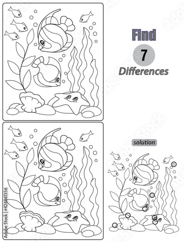 Black and White Cartoon Illustration of Finding Differences Between Pictures. Educational Game for Children with sea fish. Coloring Book Page.