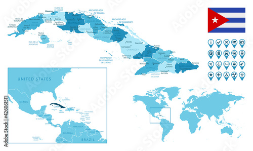 Cuba detailed administrative blue map with country flag and location on the world map. Vector illustration