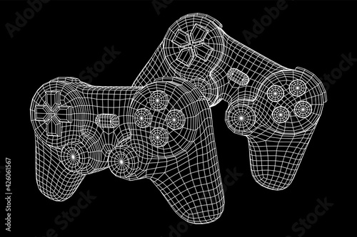 Game controller or gamepad for videogames. Wireframe low poly mesh vector illustration.