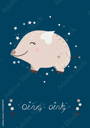 Poster with cute mini pig and stars. Vector illustration.