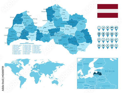 Latvia detailed administrative blue map with country flag and location on the world map. Vector illustration
