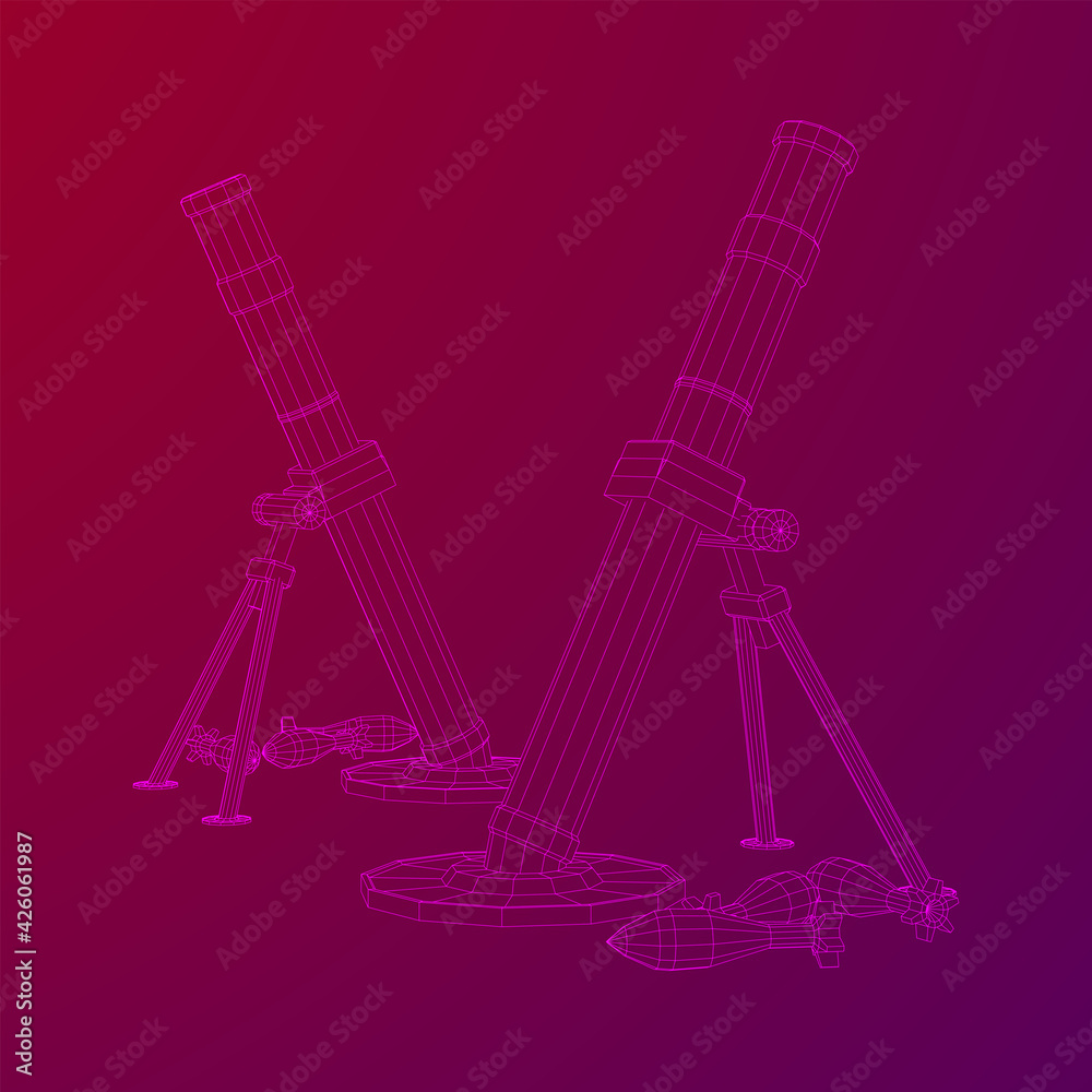 Firearm weapon army mortar and mine. Wireframe low poly mesh vector illustration