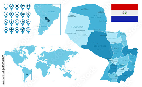 Paraguay detailed administrative blue map with country flag and location on the world map. Vector illustration