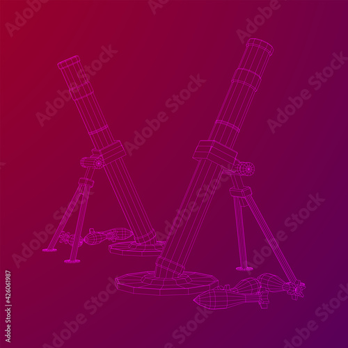 Firearm weapon army mortar and mine. Wireframe low poly mesh vector illustration
