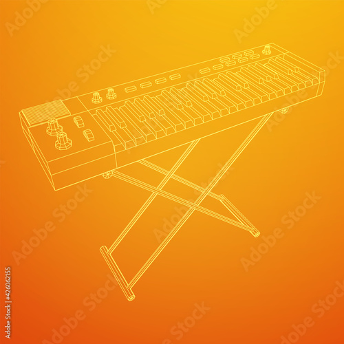 Piano roll analog synthesizer faders buttons knobs. Wireframe low poly mesh vector illustration.