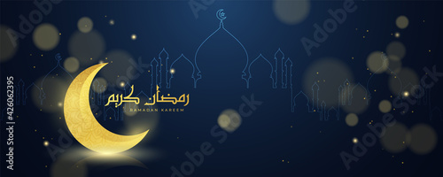 Beautiful Ramadan Kareem in Arabic calligraphy text and the golden crescent moon on the floor. Illustration of realistic 3D Islamic greeting card with glitter particles. Mosque line art.