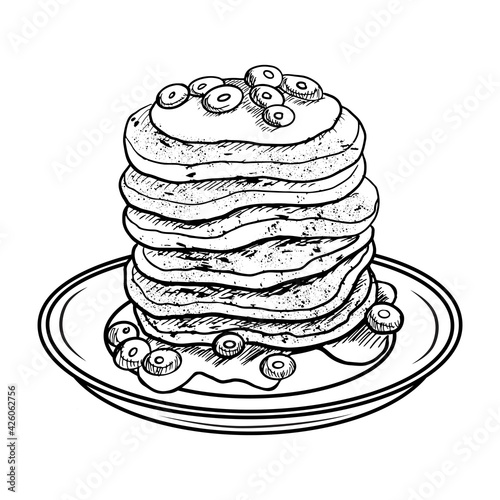 stock vector pancakes with blueberries hand drawn illustration