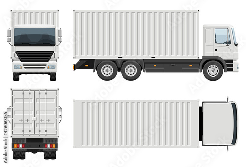 Container truck vector template with simple colors without gradients and effects. View from side, front, back, and top