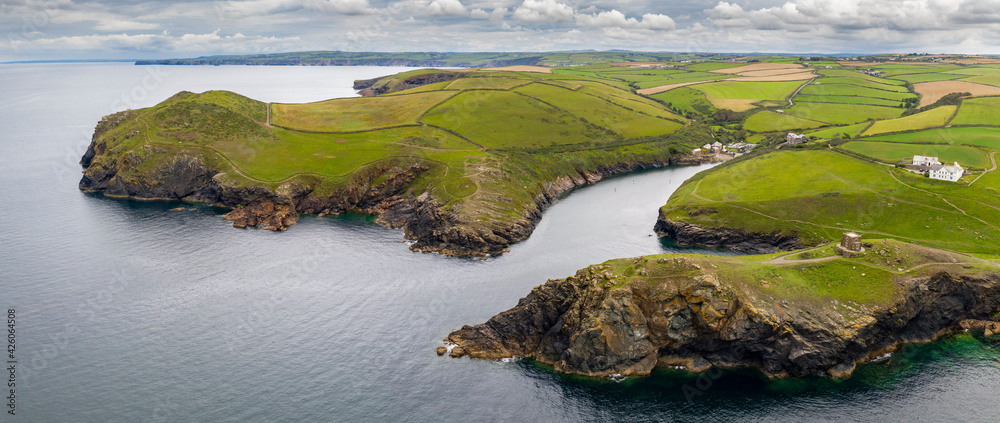 Aerial vista of Port Quin on the North Cornish coast, Cornwall, England, United Kingdom Aerial vista of Port Quin on the North Cornish coast, Cornwall, England, United Kingdom